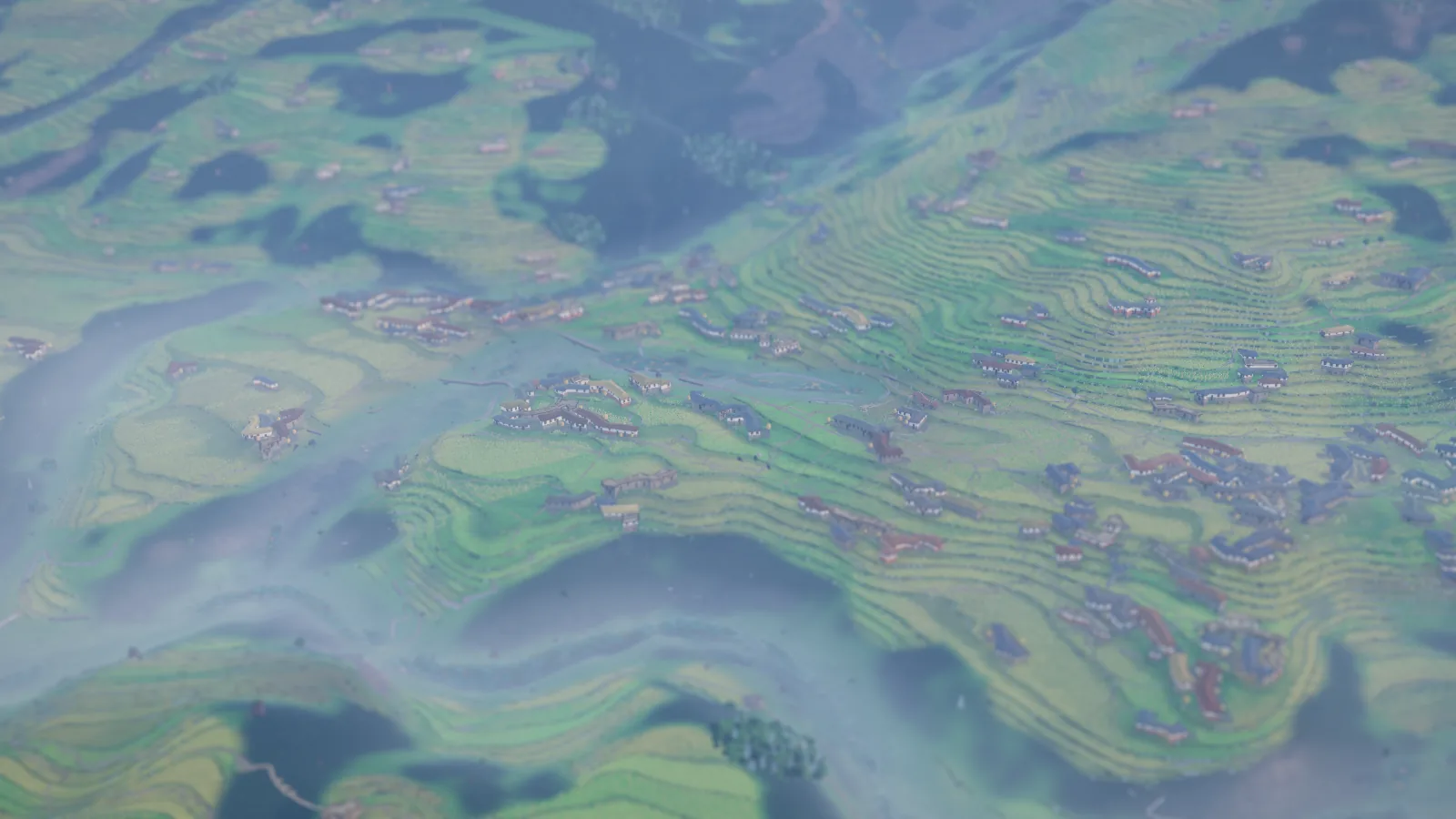 The valley at dawn, pale light on the terraces.