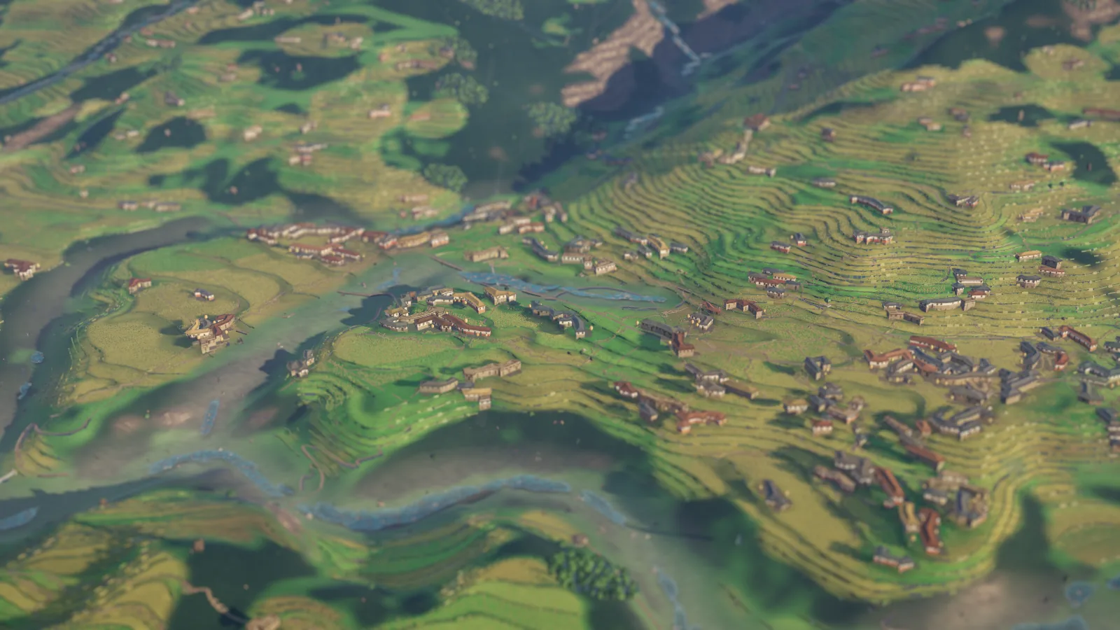 A terraced Himalayan valley at golden hour: a river winding between stepped fields, stone-and-timber houses catching low light.
